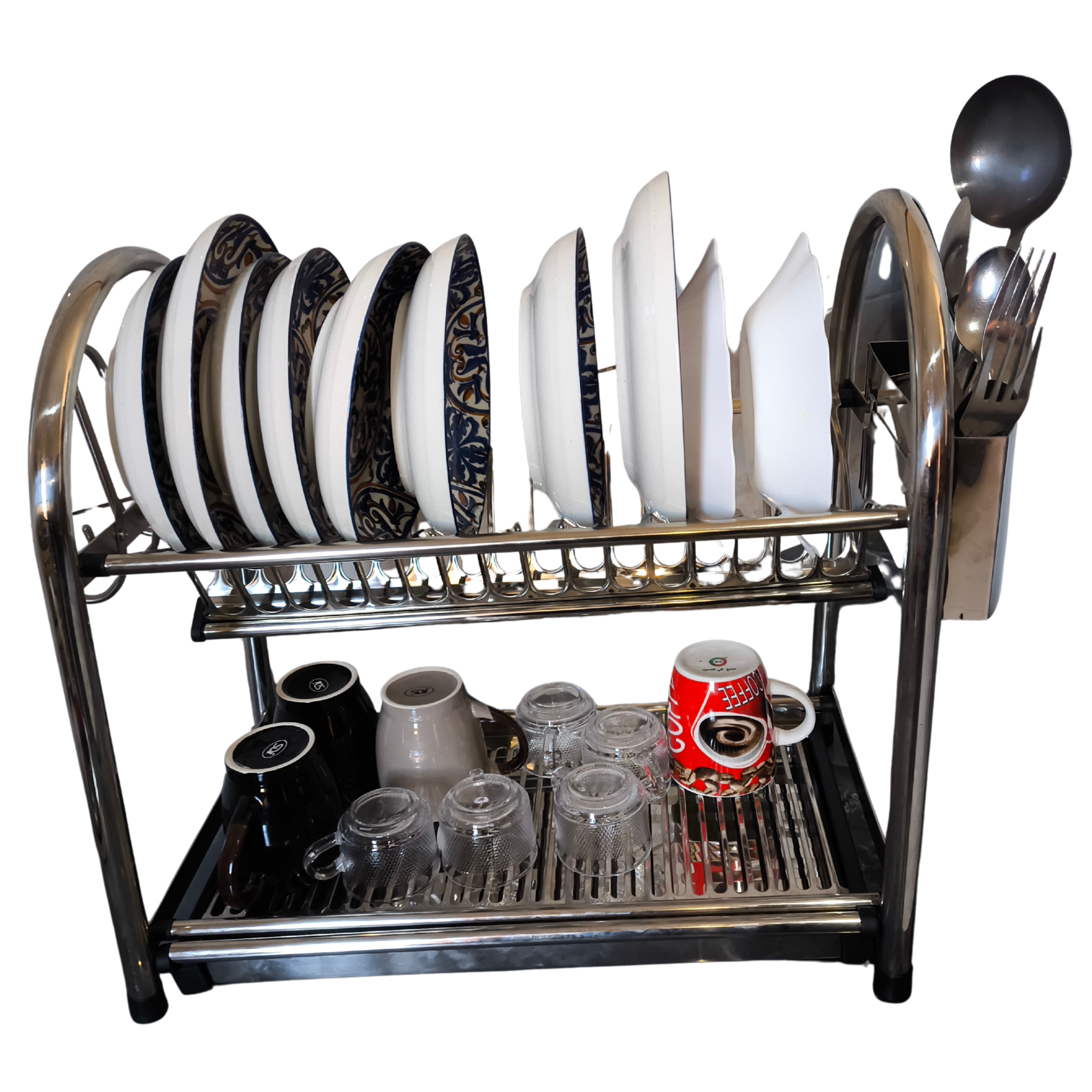 منظم صحون ستانلس ستيل بطابقين – من الفولاذ المقاوم للصدأ مع صينية تصريف الماء