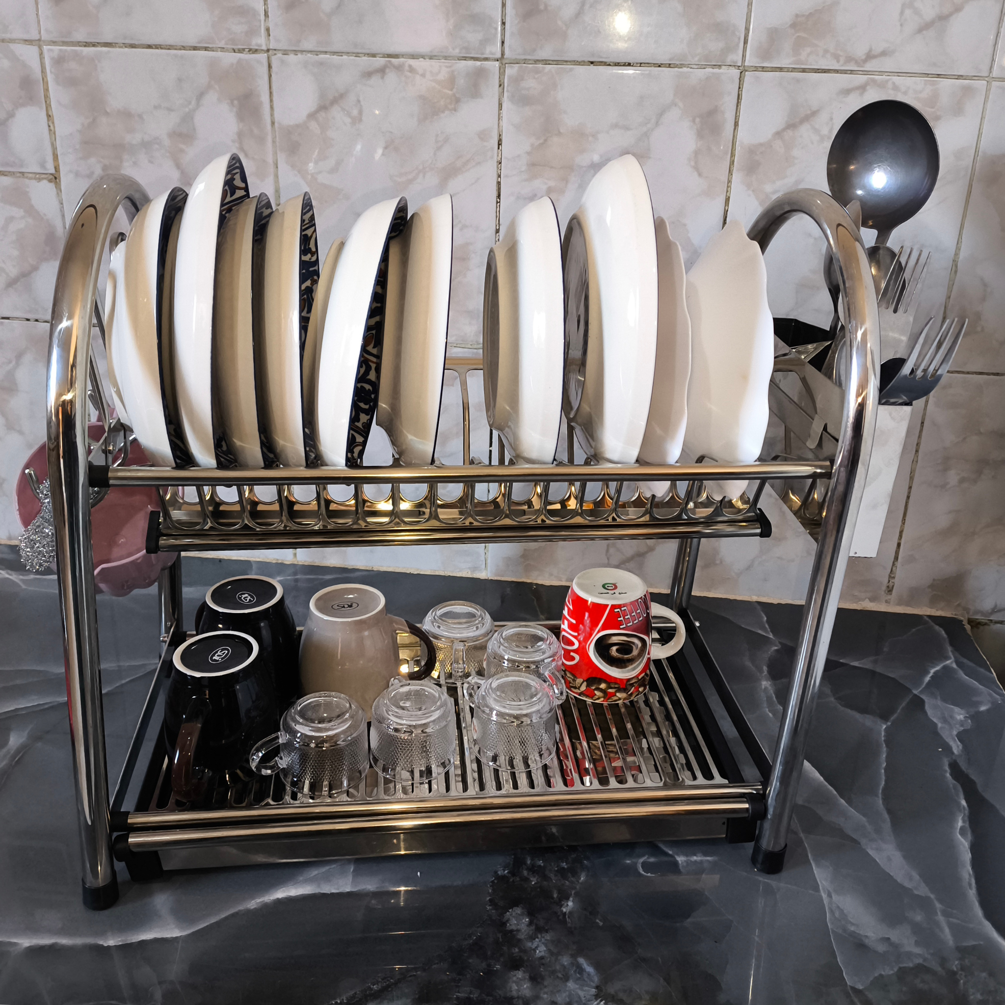 منظم صحون ستانلس ستيل بطابقين – من الفولاذ المقاوم للصدأ مع صينية تصريف الماء