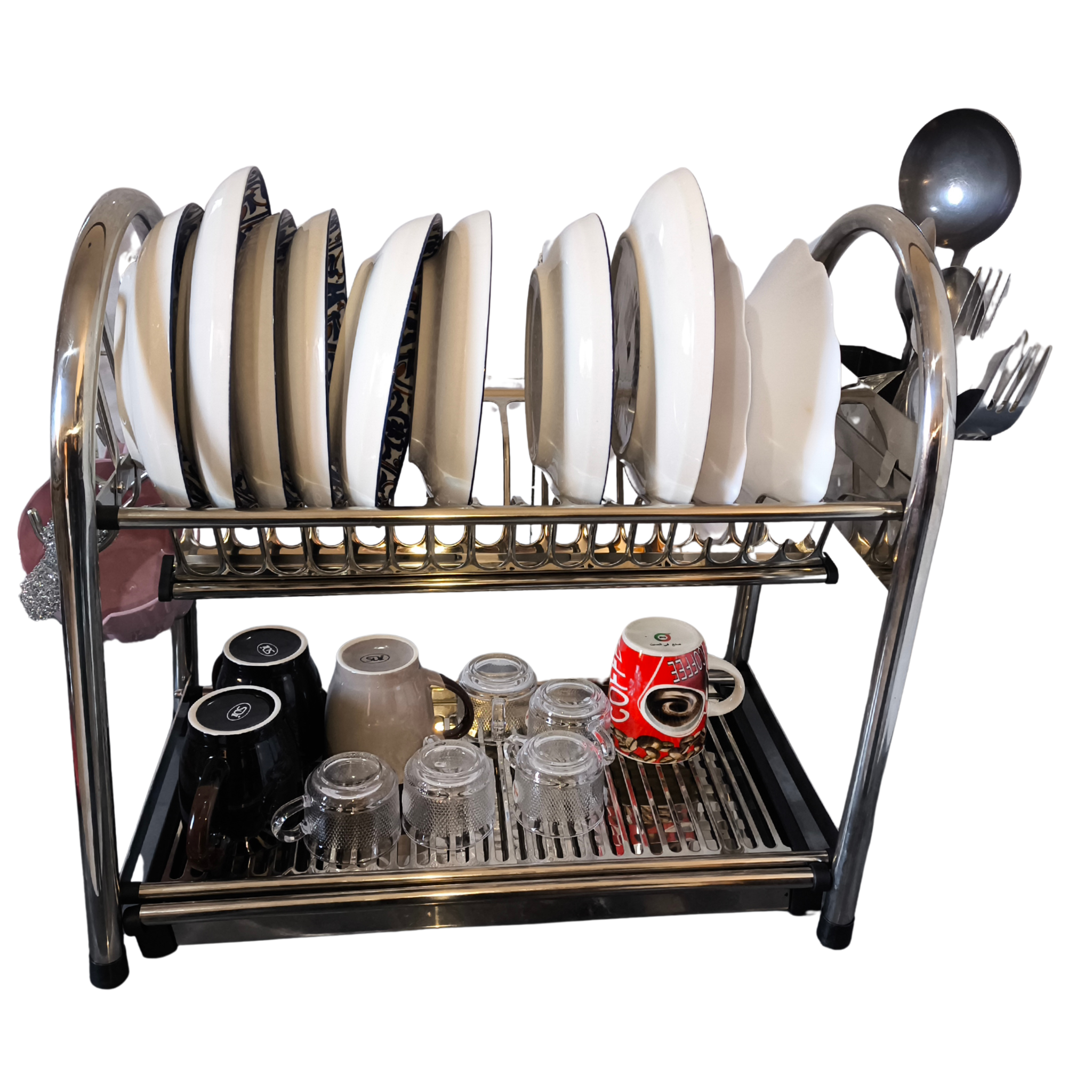 منظم صحون ستانلس ستيل بطابقين – من الفولاذ المقاوم للصدأ مع صينية تصريف الماء