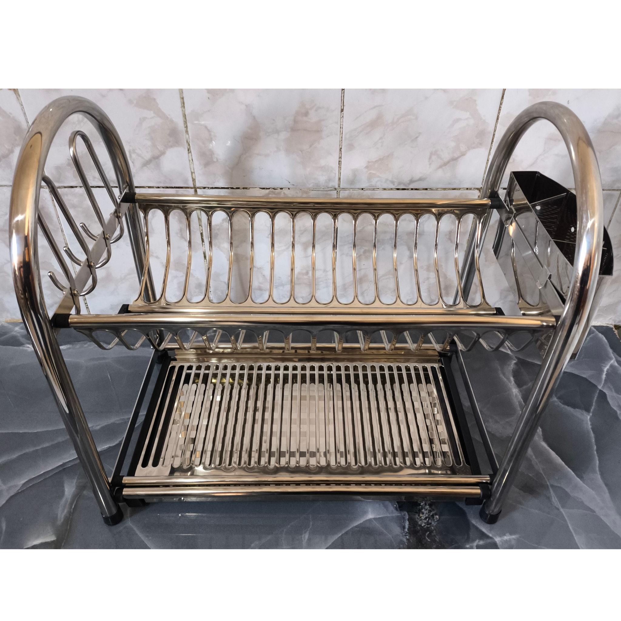 منظم صحون ستانلس ستيل بطابقين – من الفولاذ المقاوم للصدأ مع صينية تصريف الماء