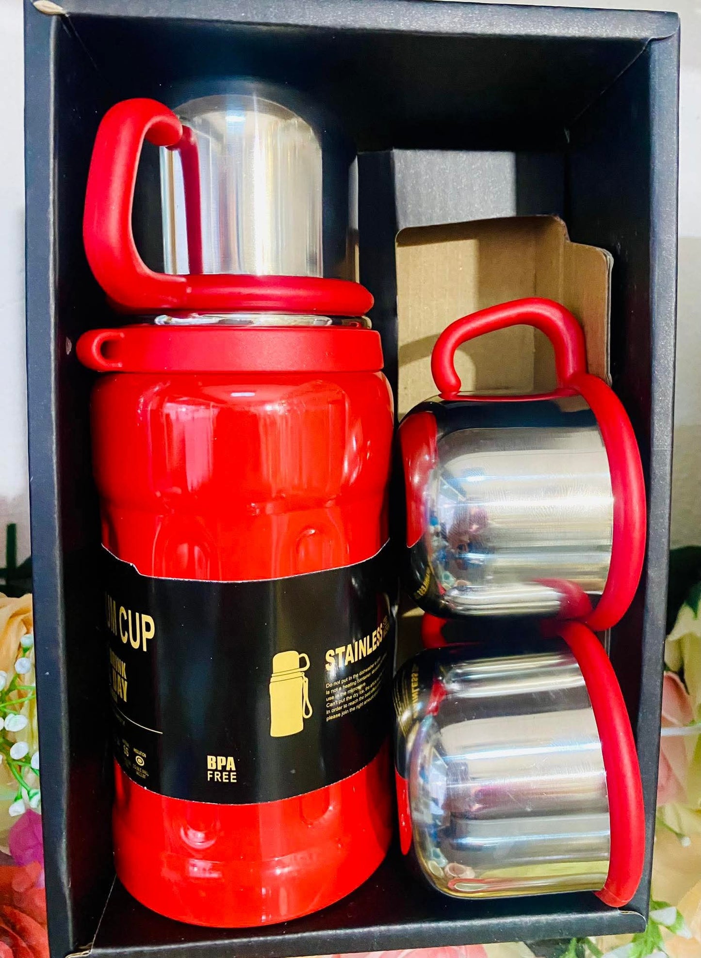 Thermos Inox Premium + 3 Tasses — Chaud & Froid 24h